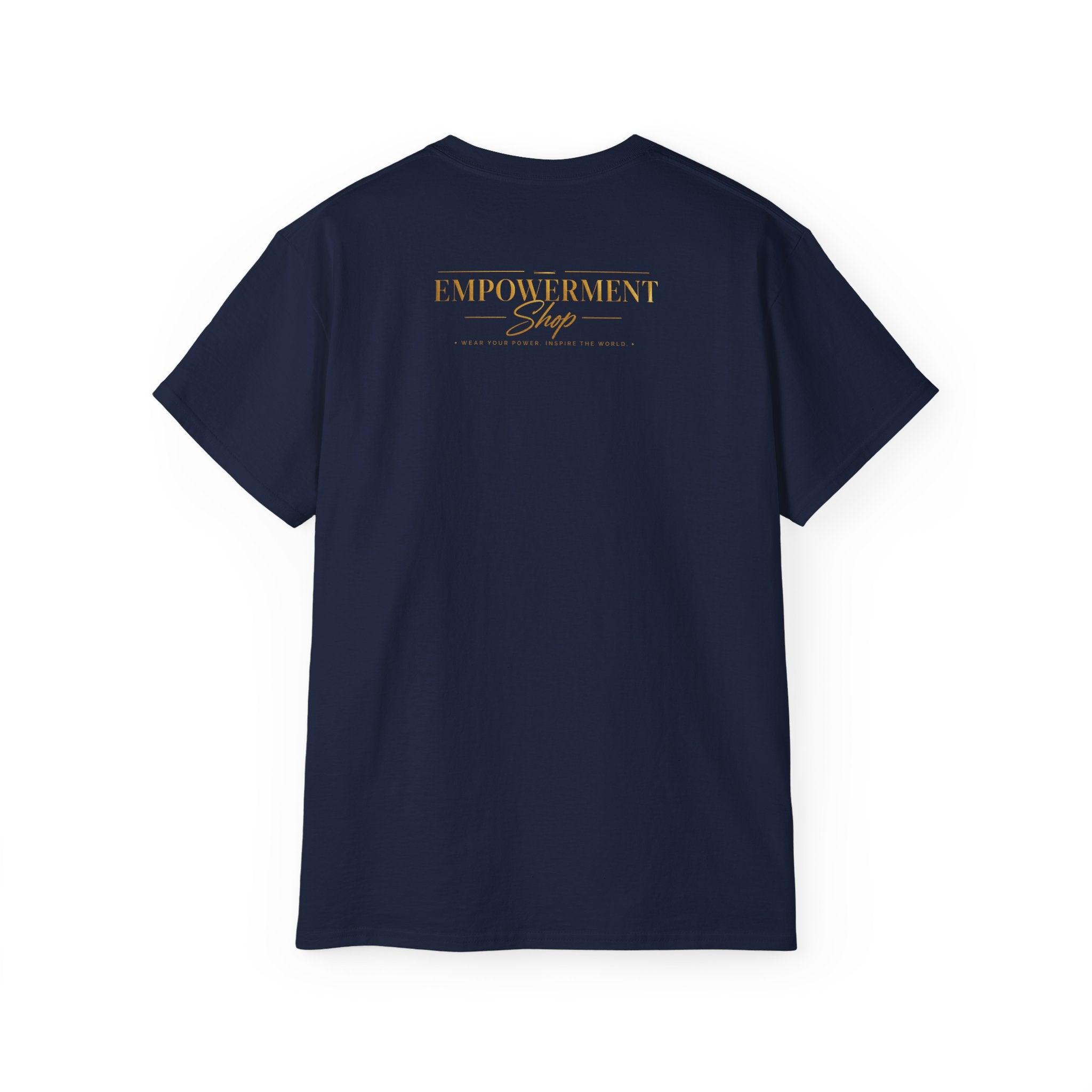 Empowerment Shop & Script White Tee — Minimal Gold Logo Cotton T‑Shirt