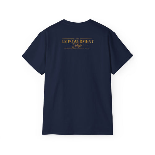 Empowerment Shop & Script White Tee — Minimal Gold Logo Cotton T‑Shirt